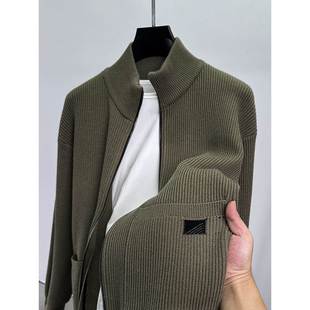 高端立领拉炼开衫抓绒衣男秋冬季加厚保暖针织衫简约百搭纯色毛衣