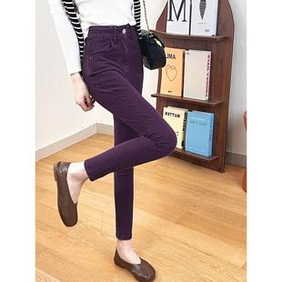 修紧身提臀铅笔靴裤 新款 子 女春秋季 SPYB高腰显瘦葡萄紫小脚牛仔裤