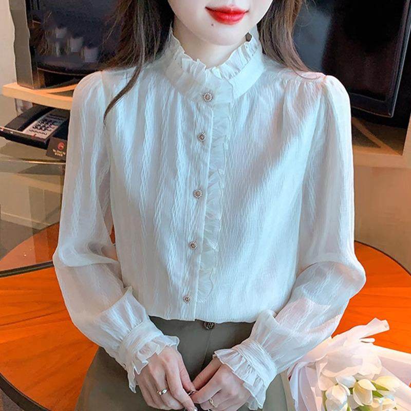 欧洲站木耳边立领雪纺打底衫女2025新款秋冬高级感轻奢加绒衬衫潮
