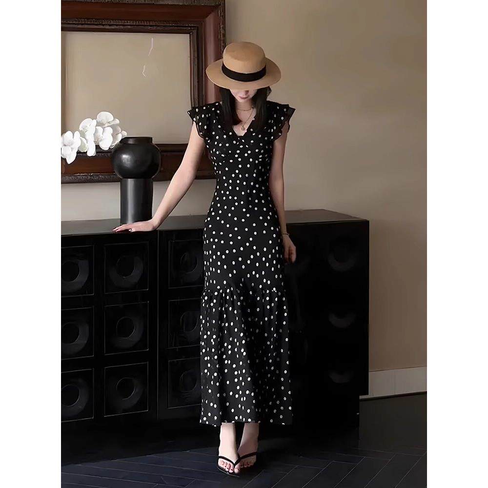 FAshi 2025新款法式气质黑色波点连衣裙女高级感显瘦绝美V领长裙