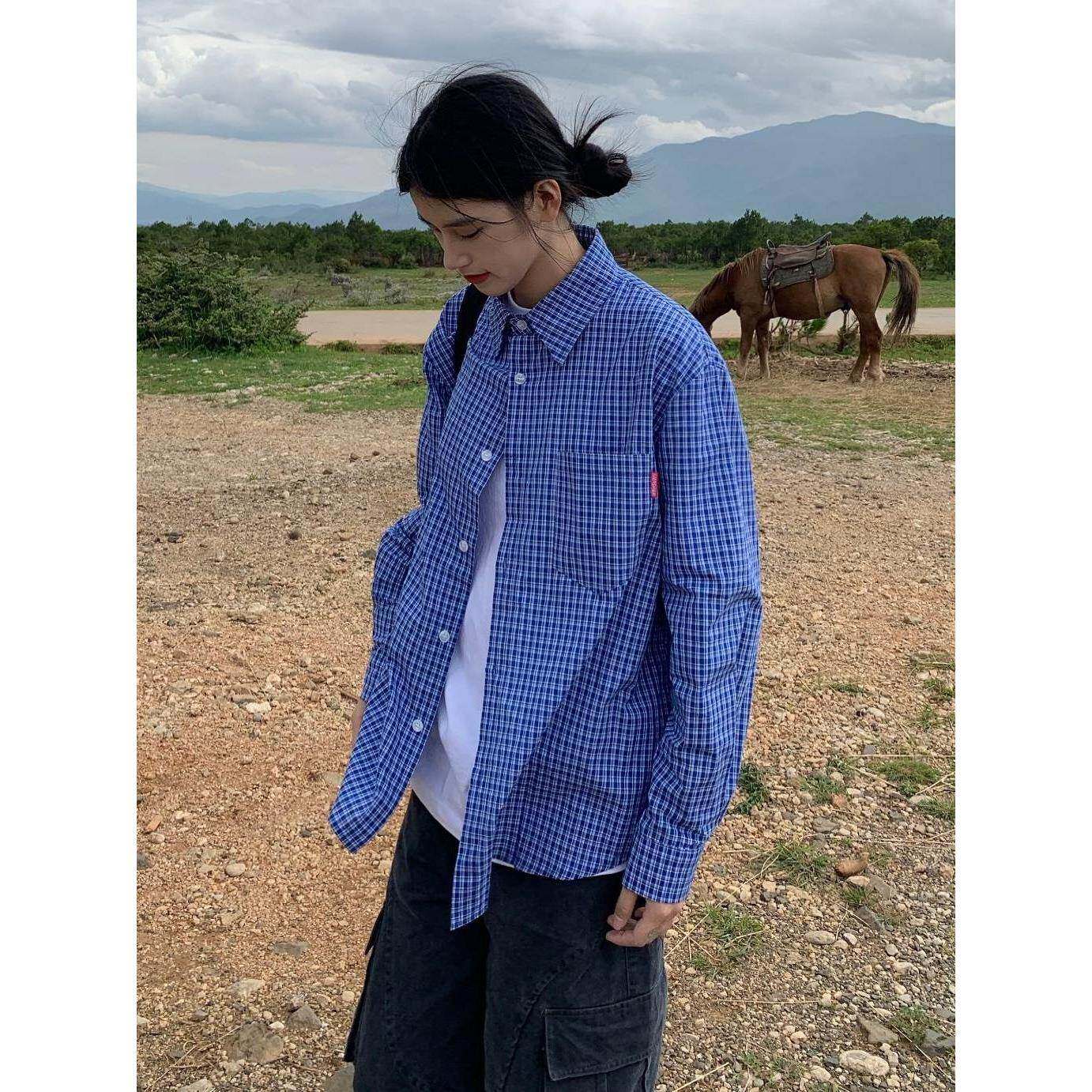 美式覆古蓝色格子长袖衬衫春秋季男女同款宽松休闲衬衣翻领上衣潮