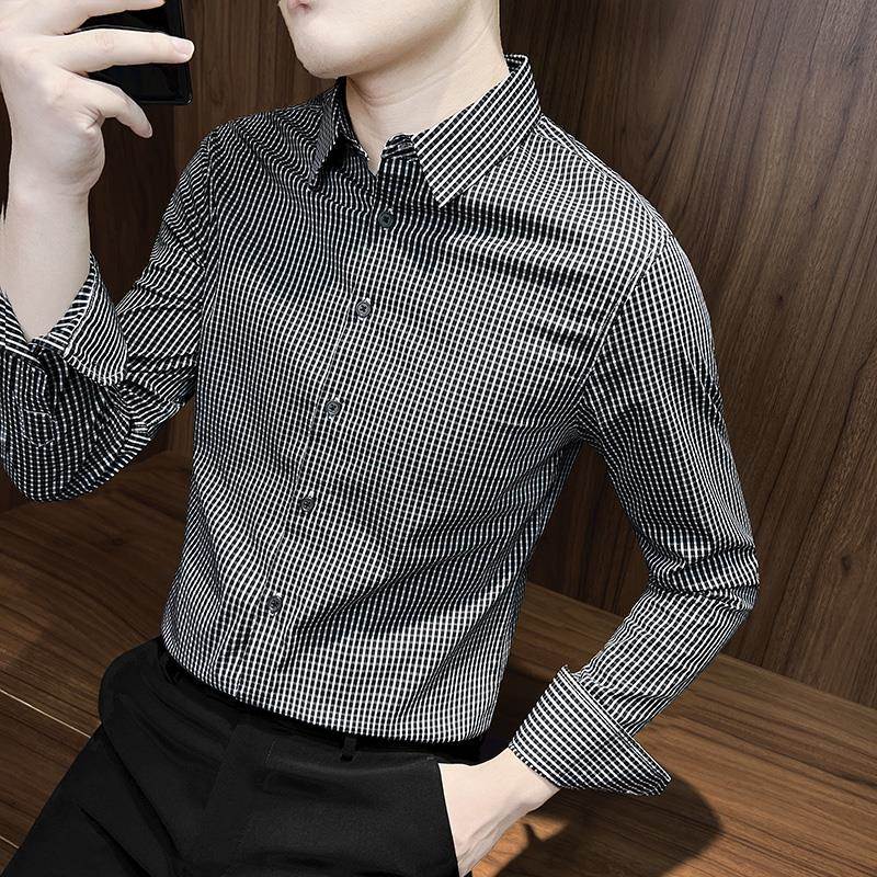 高端格子衬衫男长袖纯棉秋季新款英伦风修身潮流商务休闲免烫衬衣