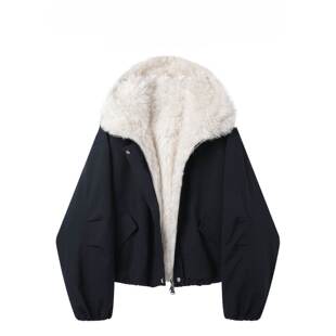 香港冬季韩系高级感工装加绒加厚毛毛外套女连帽保暖派克棉服夹克