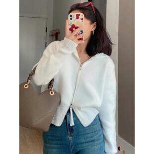 法国Rouje tusse白色连帽卫衣羊毛针织衫女秋显瘦双拉炼羊绒毛衣