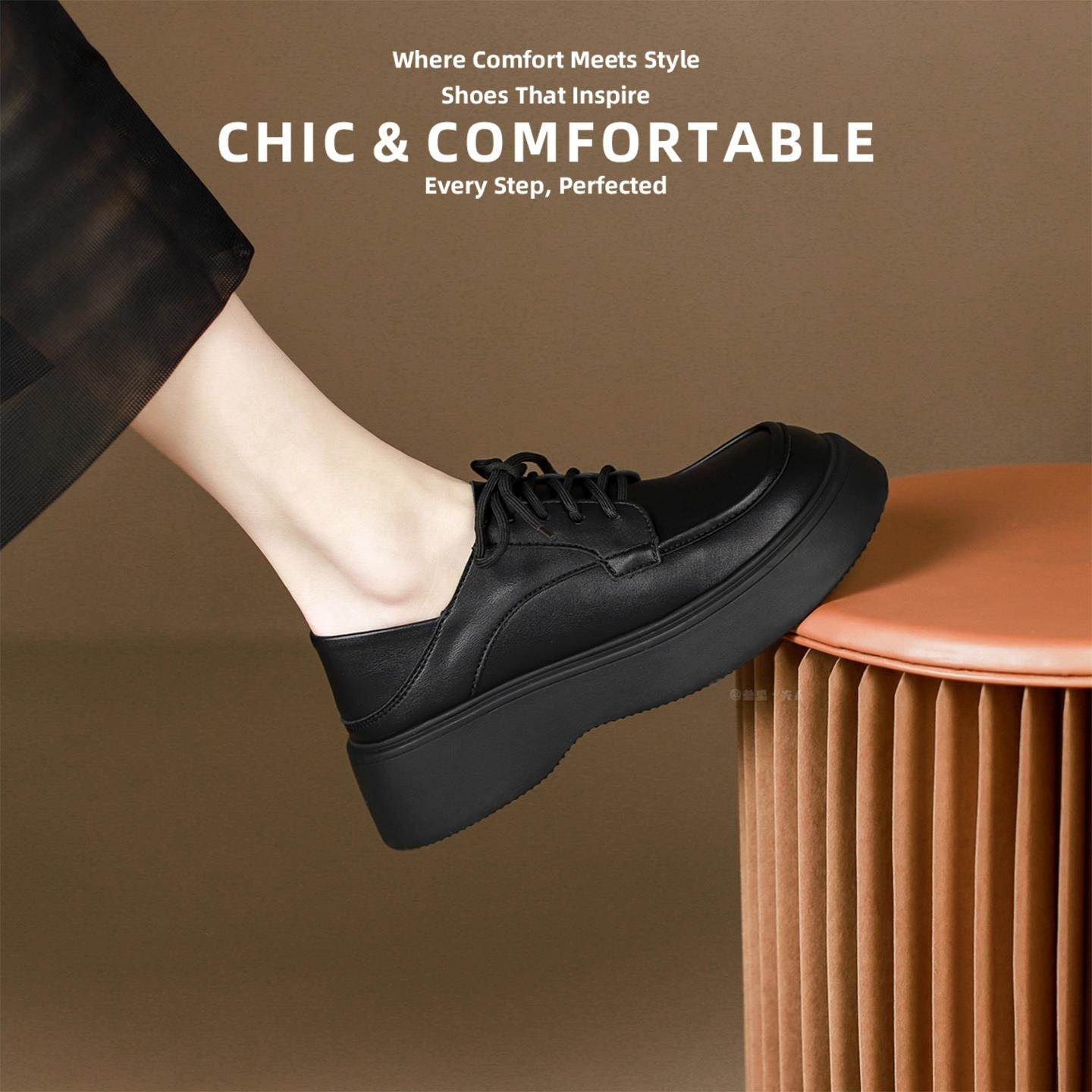 港风复古真皮百搭小皮鞋女2025秋冬新款英伦风系带厚底增高乐福鞋