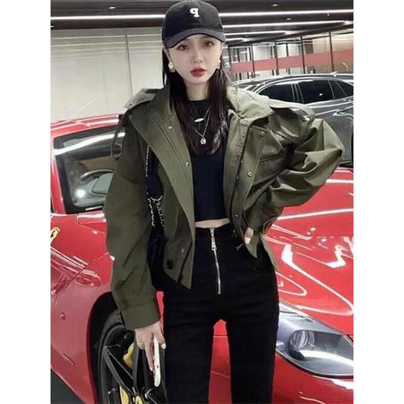 潮牌军绿色小个子短款风衣外套女春秋工装夹克上衣时尚百搭冲锋衣