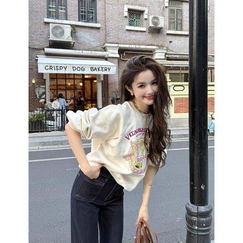 潮牌2025秋新款印花卡通加绒宽松休闲卫衣女美式甜美撞色圆领上衣