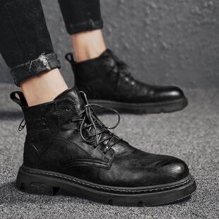 秋冬季2025新款真皮马丁靴男潮流百搭男士皮鞋英伦复古高帮工装靴