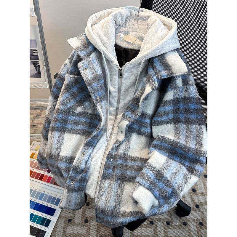 小香风短款假两件格子毛呢外套男款冬季宽松连帽美式覆古棉衣夹克,男装,棉衣,淘宝优惠券,粉丝福利购,淘宝优惠卷