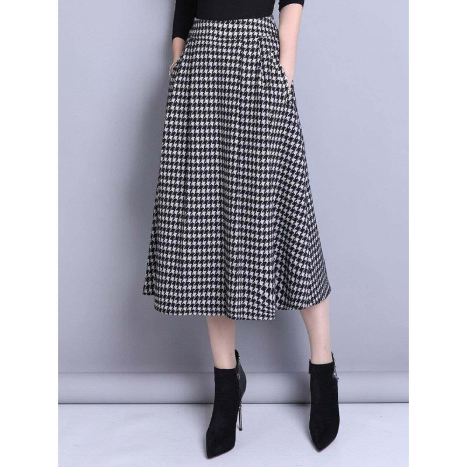 毛呢半身裙女秋冬季新款高腰百搭中长款显瘦千鸟格子大摆a字伞裙