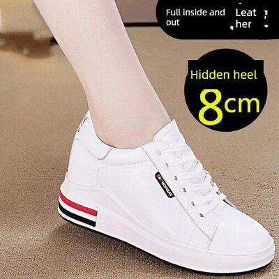 香港真正的名人风格内高增加白色鞋8厘米真皮黑色平底鞋层牛皮羊