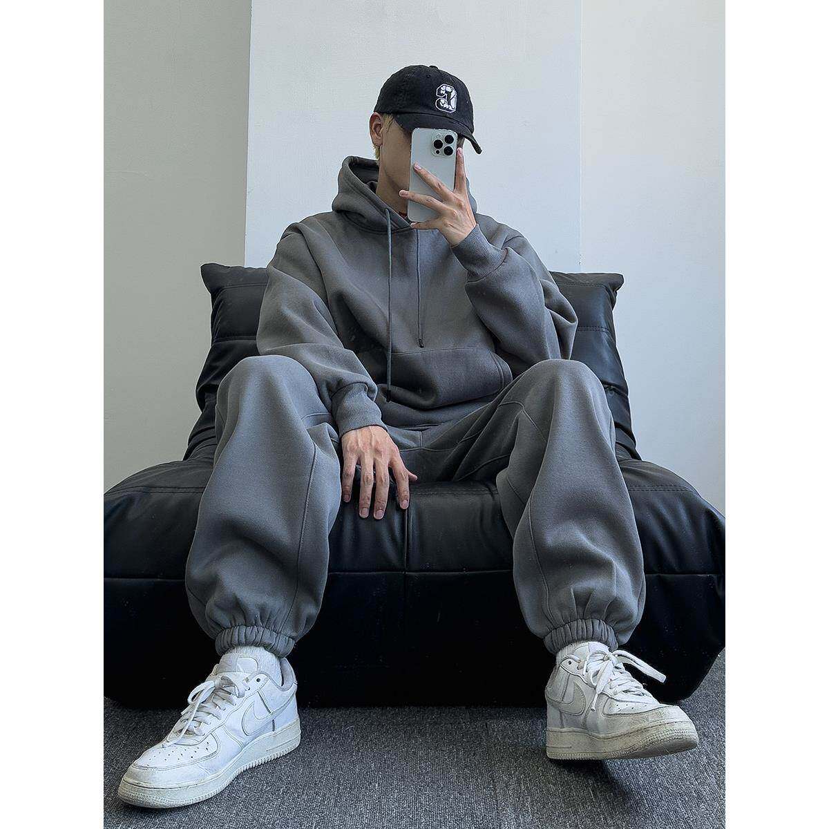 it neith BIAS潮牌灰色高级感街头宽松情侣卫衣运动百搭套装男潮