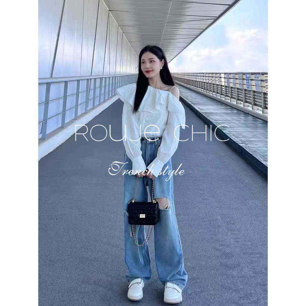 法国Rouje Chic法式荷叶边露肩衬衫破洞牛仔裤两件套女春新款套装