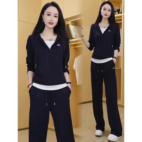 香港代购休闲运动套装女秋季新款洋气假两件连帽卫衣阔腿裤两件套