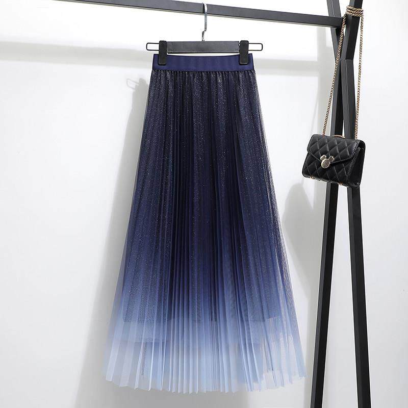 渐变星空网纱半身裙女秋冬中长款蓬蓬裙大摆高腰a字百褶裙纱裙子