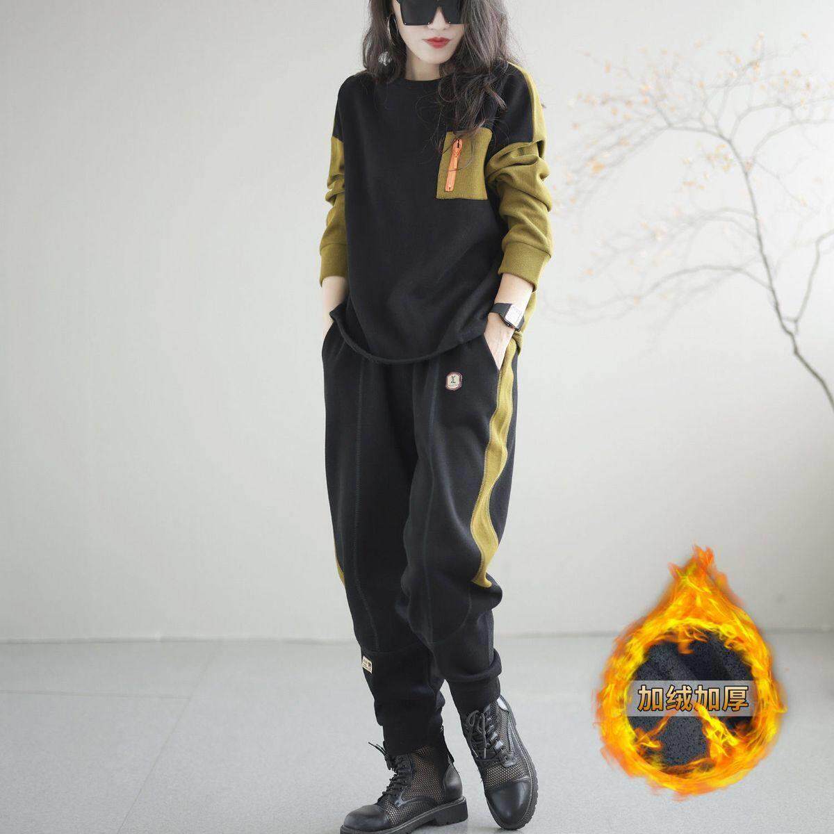 香港大码春秋冬撞色卫衣运动裤套装女胖mm遮肚显瘦加绒加厚两件套