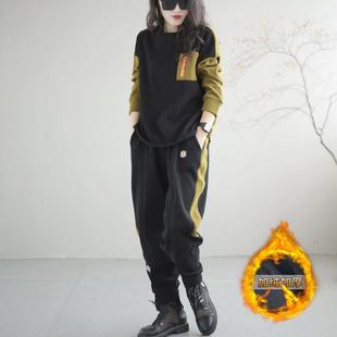 香港大码春秋冬撞色卫衣运动裤套装女胖mm遮肚显瘦加绒加厚两件套