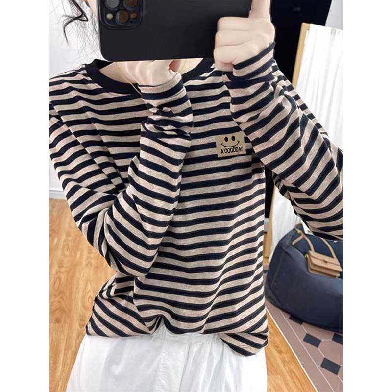 韩国条纹正肩纯棉长袖女t恤2025秋季新款时尚减龄百搭上衣打底衫