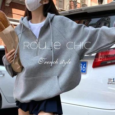 法国rouje chic法式灰色刺绣半拉链加绒连帽卫衣女秋冬季宽松上衣