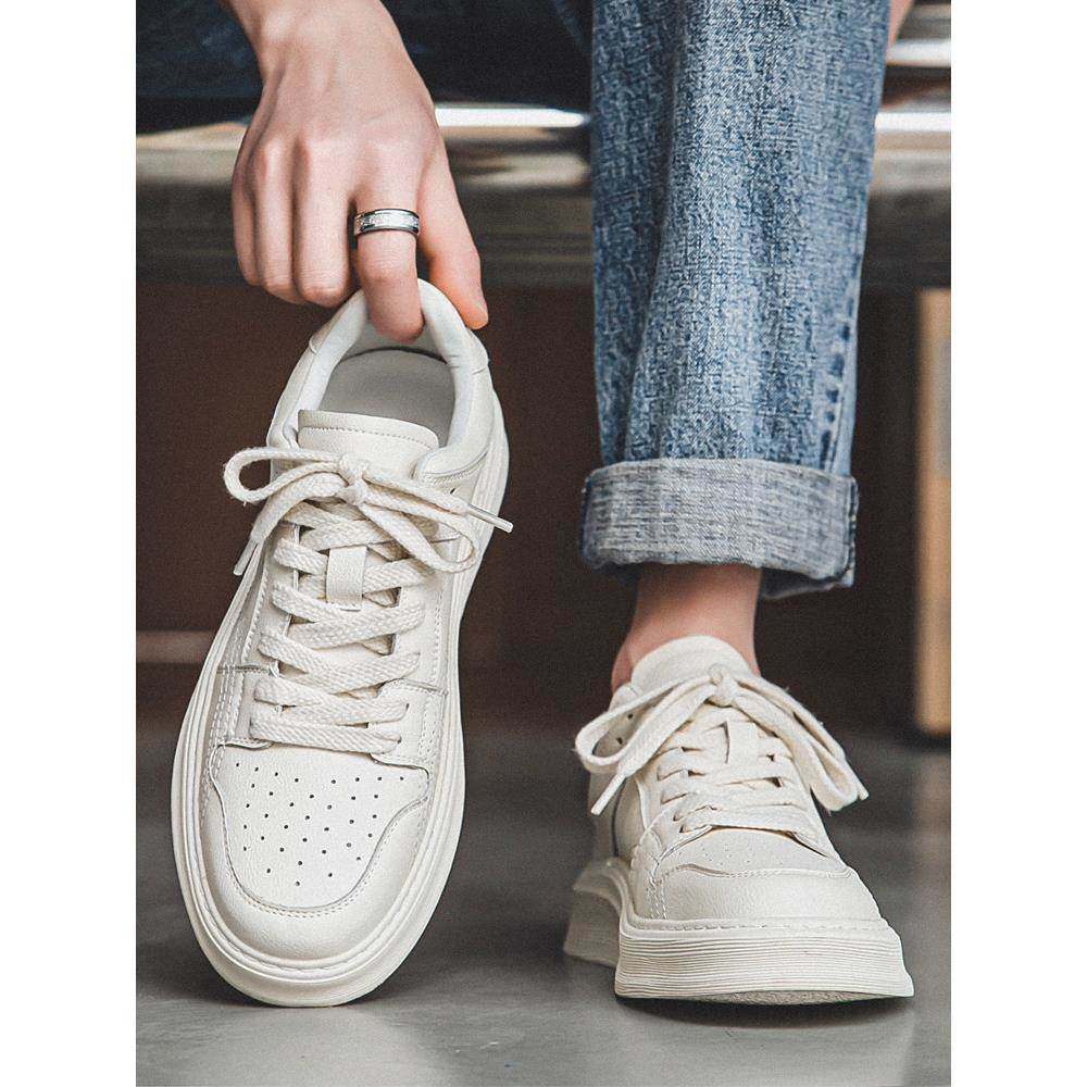 潮牌真皮小白鞋男2024新款韩版百搭厚底牛皮白鞋运动休闲板鞋男鞋,流行男鞋,休闲板鞋,淘宝优惠券,粉丝福利购,淘宝优惠卷