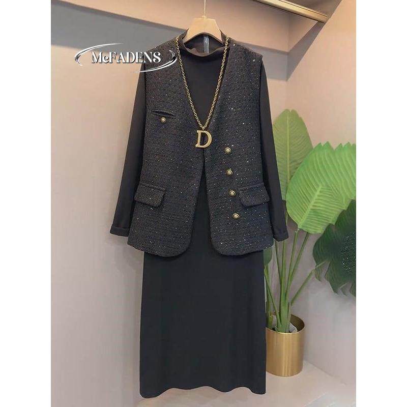 香港胖MM秋季气质通勤小香风V领马甲半高领连衣裙两件套大码女装,女装/女士精品,大码套装,淘宝优惠券,粉丝福利购,淘宝优惠卷