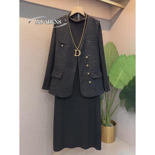 香港胖MM秋季气质通勤小香风V领马甲半高领连衣裙两件套大码女装
