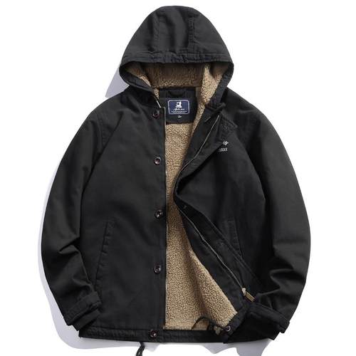 Mostarsea~美式复古！羊羔绒外套男加绒加厚保暖棉服工装连帽夹克
