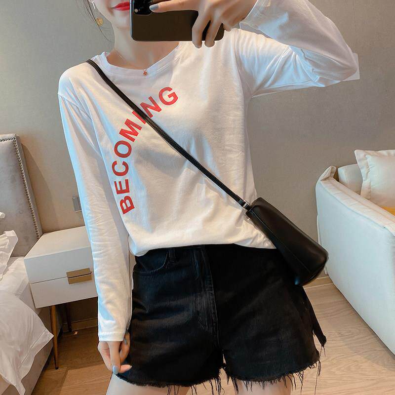 韩国白色t恤女长袖2023早秋新款潮ins宽松韩版洋气上衣纯棉打底衫