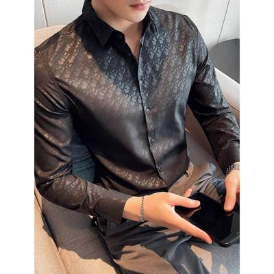 潮牌高级感暗花长袖衬衫男春秋季商务修身韩版个性痞帅内搭衬衣