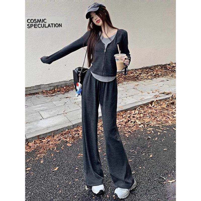 欧洲站韩版休闲运动套装女2025秋季新款高级感炸街阔腿裤两件套