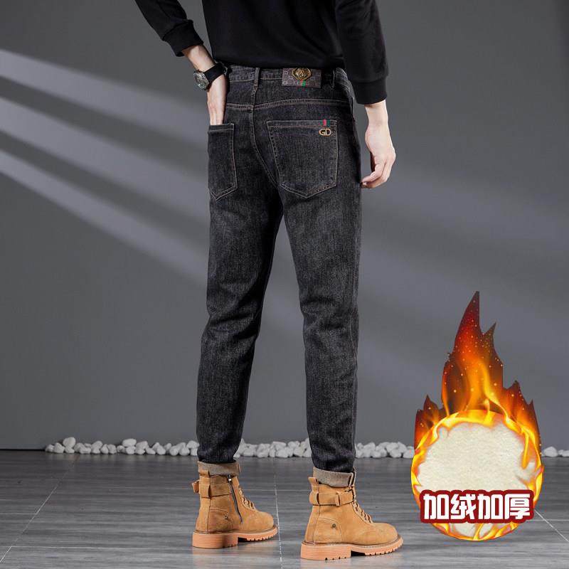 欧货高端黑灰色牛仔裤男秋冬新款修身小脚弹力加绒加厚刺绣印花潮,男装,牛仔裤,淘宝优惠券,粉丝福利购,淘宝优惠卷