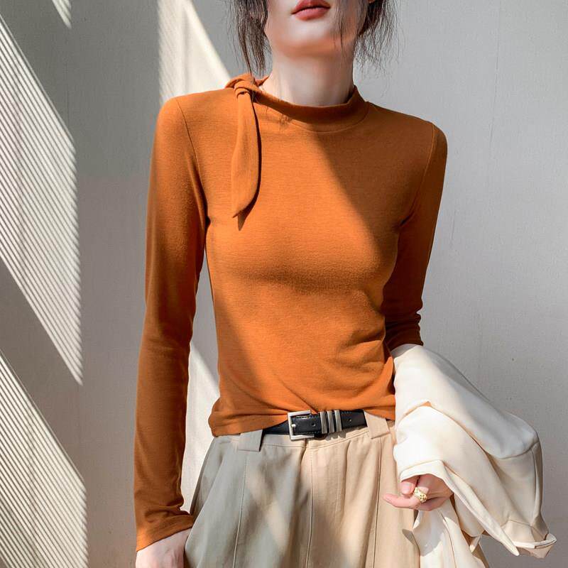 南瓜橘飘带领长袖T恤打底衫女2024秋冬新款韩系穿搭修身显瘦上衣