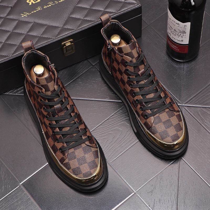 潮牌2025秋季新款男生高帮鞋厚底内增高休闲鞋英伦风格子短马丁靴