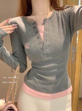 韩国撞色正肩假两件灰色修身长袖T恤女秋冬内搭打底衫上衣2025