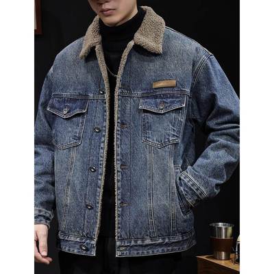 美式覆古加绒加厚牛仔衣外套男士冬季潮牌宽松羊羔绒保暖棉服夹克