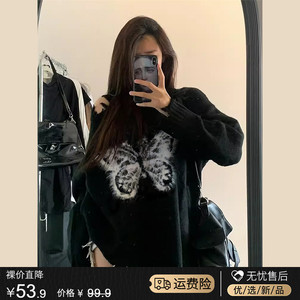 高级感超好看蝴蝶结黑色毛衣外套女秋冬2023新款一字肩针织衫上衣