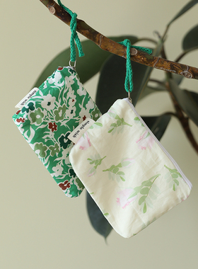 述物春日小花袋绿色系清新棉布零钱包耳机卡包迷你软fufu小布兜