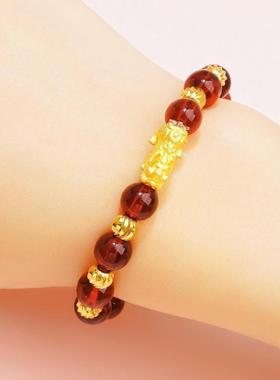 孟加拉赤金首饰貔貅合金彷石榴珠子男女士黄色彷黑曜石手炼手镯