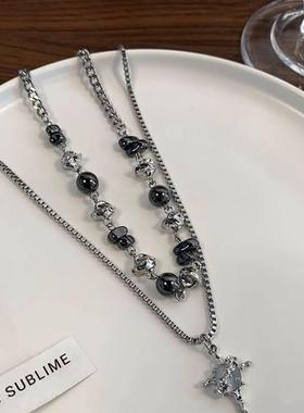 钛钢项炼双层叠戴男生串珠拼接碎石锁骨炼男士嘻哈风吊坠小众配饰