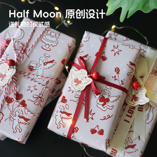 Half Moon原创小天使礼品纸插画手绘包装纸情人节新生儿宝宝送礼