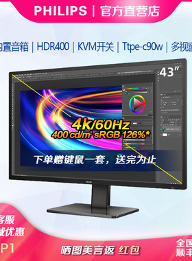 飞利浦439p1 43英寸4K分屏内置音箱口可壁挂显示器HDR438P1显示屏