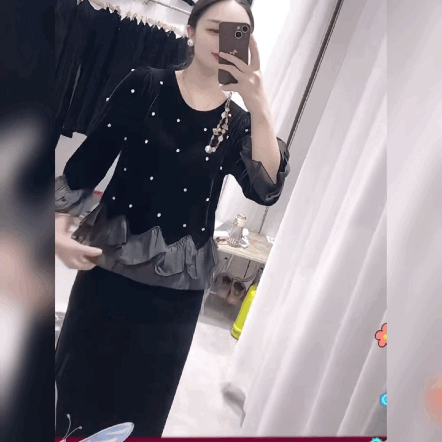 轻奢法式丝绒九分袖打底衫女钉珠雪纺荷叶边T恤修身黑色圆领上衣