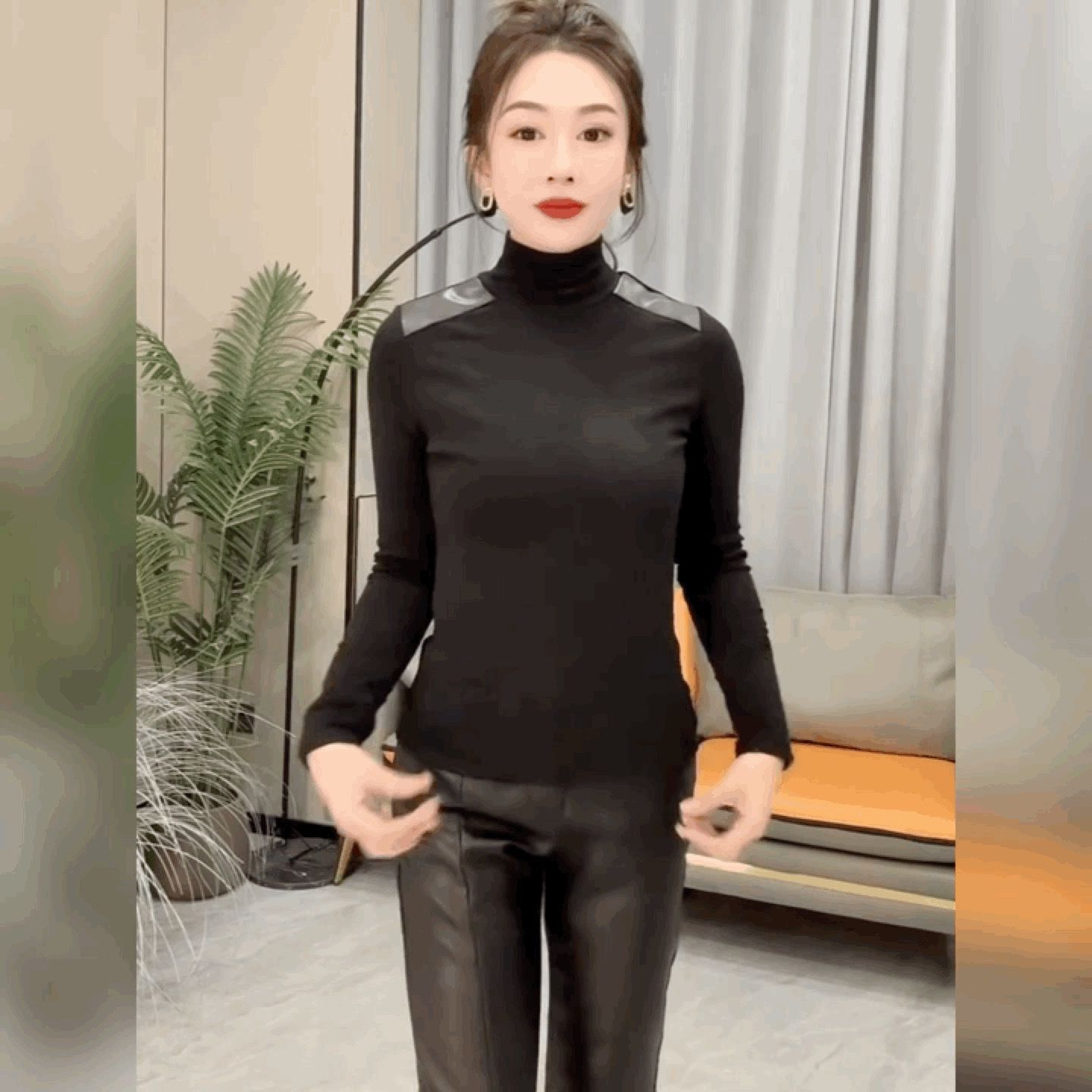 欧货黑色拼接PU皮半高领长袖T恤时尚百搭加绒打底衫修身显瘦上衣