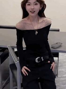 纯欲黑色烫钻露肩长袖T恤女内搭