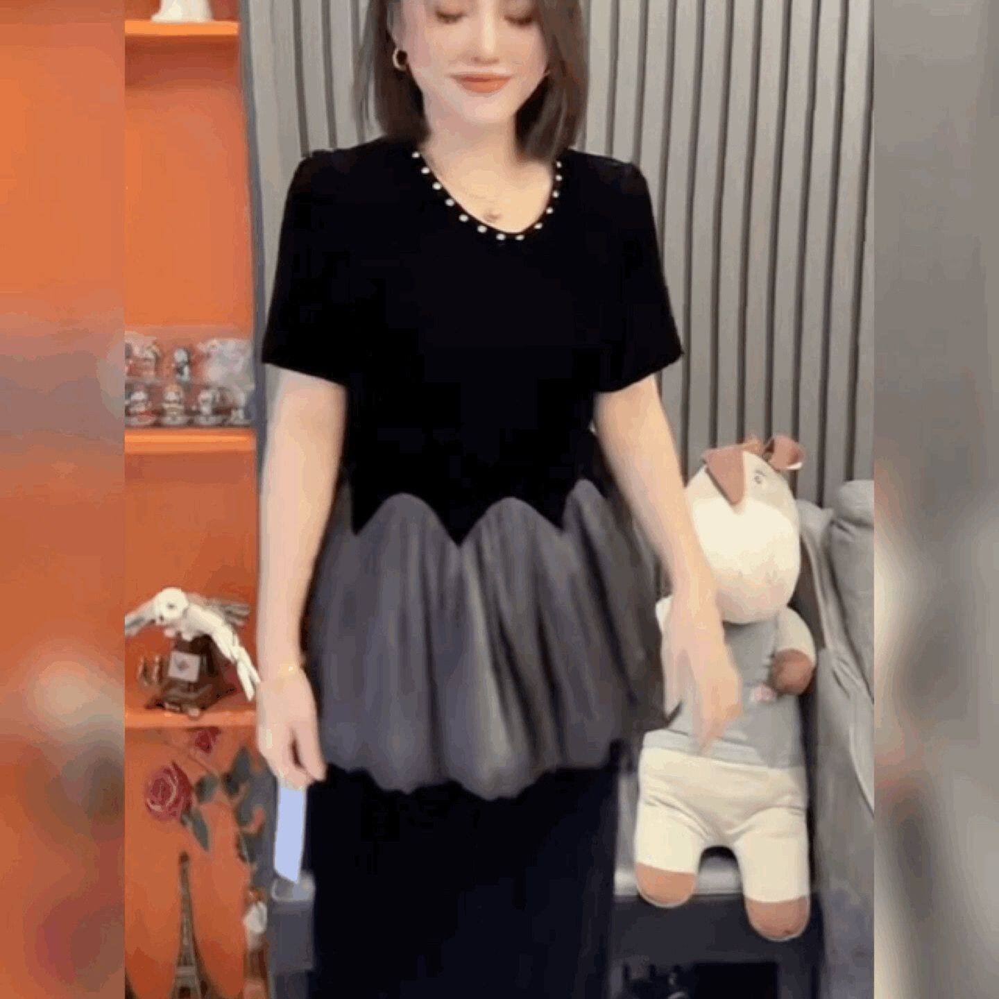 雪纺拼丝绒短袖荷叶边T恤女高级感轻奢T恤打底衫法式黑色圆领上衣