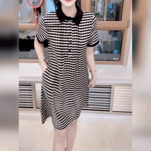 法式宽松遮肉POLO领连衣裙时尚黑白格子中长款短袖翻领衬衫裙子女