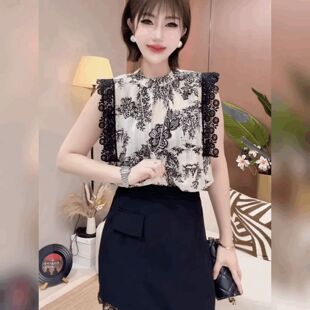 轻奢圆领洋气小衫法式轻奢上衣复古蕾丝花边雪纺背心女碎花衬衫潮
