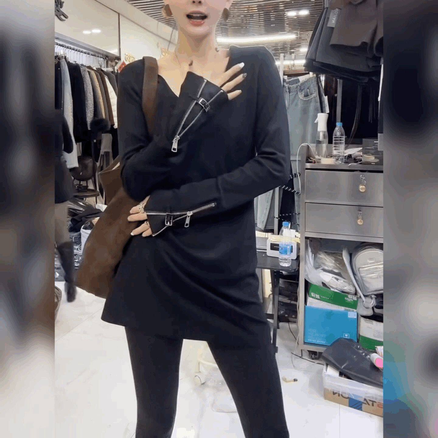 中长款遮臀法式黑色上衣小众设计感袖口拉链V领T恤裙女时尚打底衫