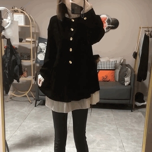 时尚雪纺荷叶边立领遮臀黑色中长款上衣气质宽松丝绒衬衫大衫裙女