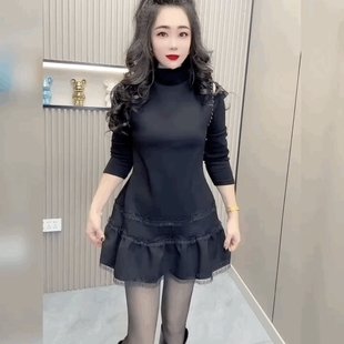 中长款 荷叶边裙子漏肩宽松小黑裙潮 蕾丝花边高领连衣裙女洋气时尚